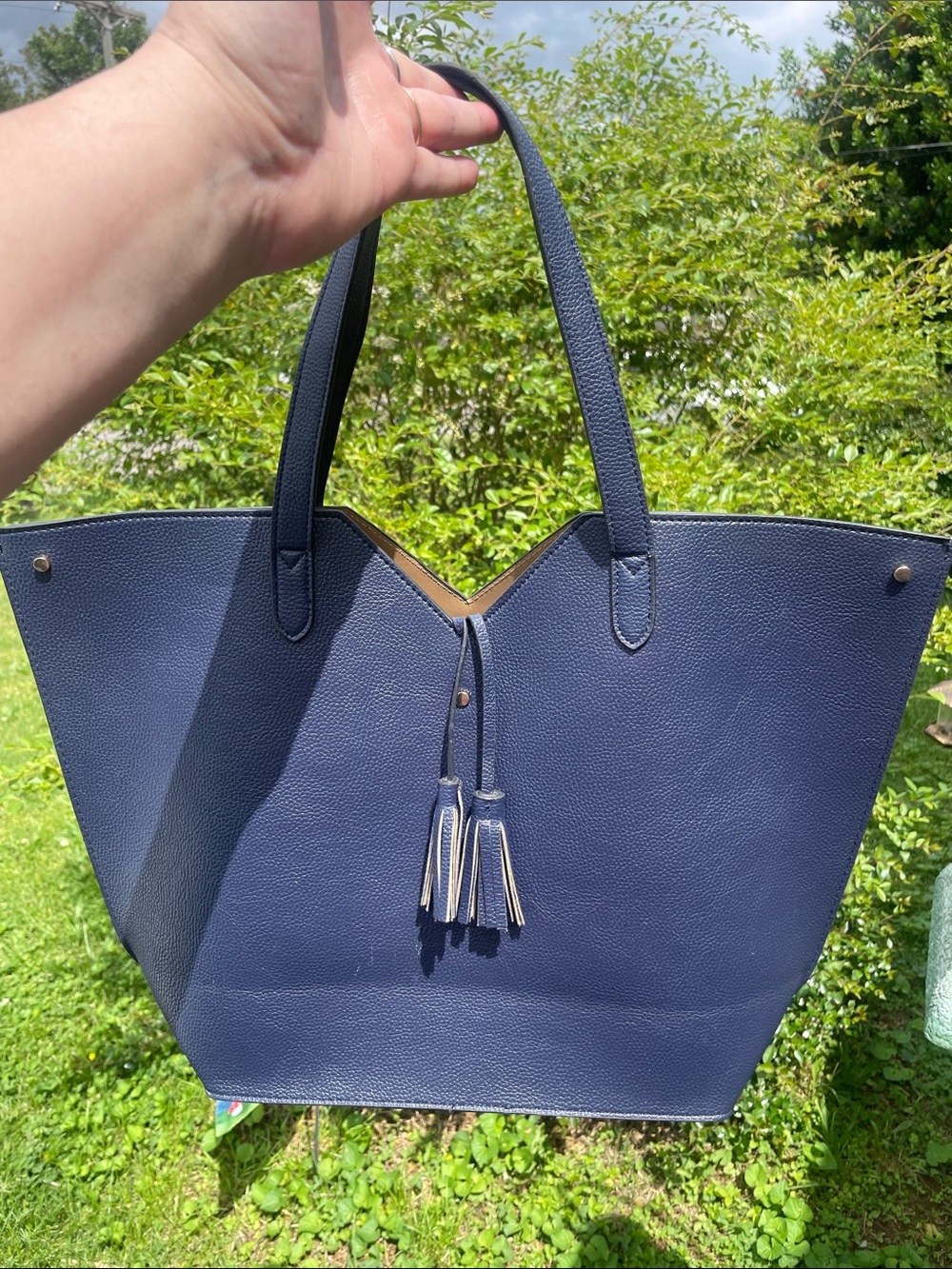 Neiman Marcus Navy Tassel Tote Bag - Classic Everyday Shoulder Bag - Picture 7 of 8